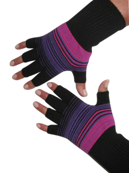 Kurzfinger-Handschuhe, Ringel schwarz-pink-lila L