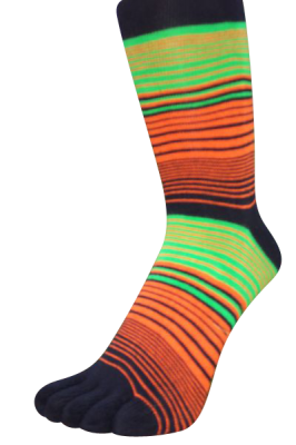 Zehensocken, Dreifarbringel, Schworapop, Schwarz-orange-apfelgrün